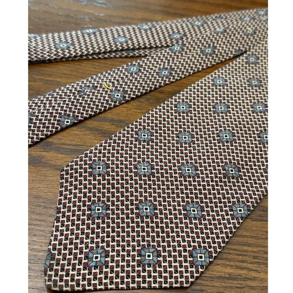 XMI Silk Geometric Formal Business Burgundy Blue Gold Necktie Tie Made in USA